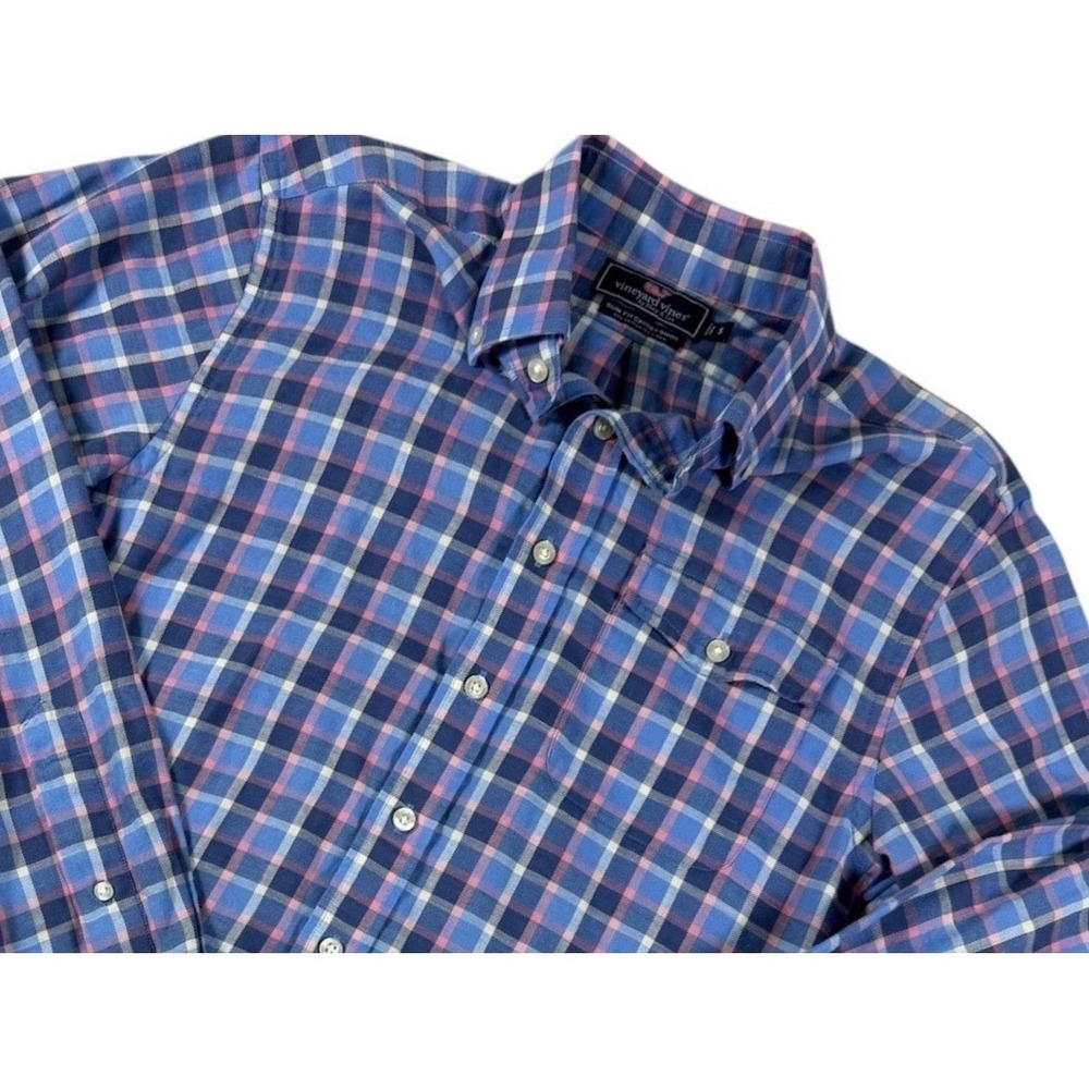 Vineyard Vines Slim Fit Crosby Shirt Mens Small‎ Blue Plaid Cotton Linen Button